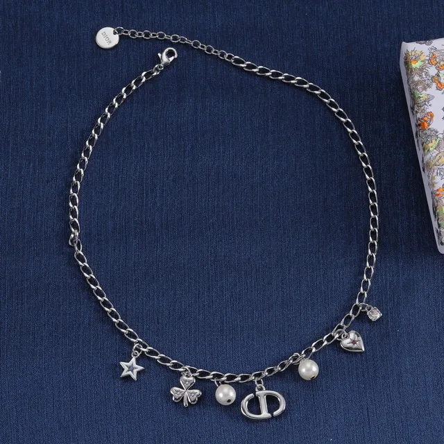 Dior Multi-Charm Necklace Silver White Curb Chain Pendant Necklace 6
