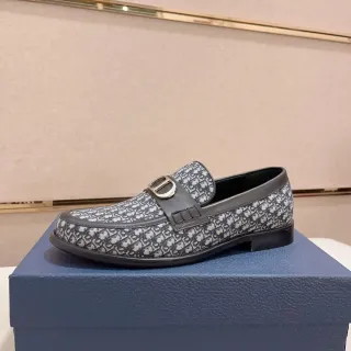 迪奥 海军蓝黑色 印花帆布 金属D扣 乐福鞋