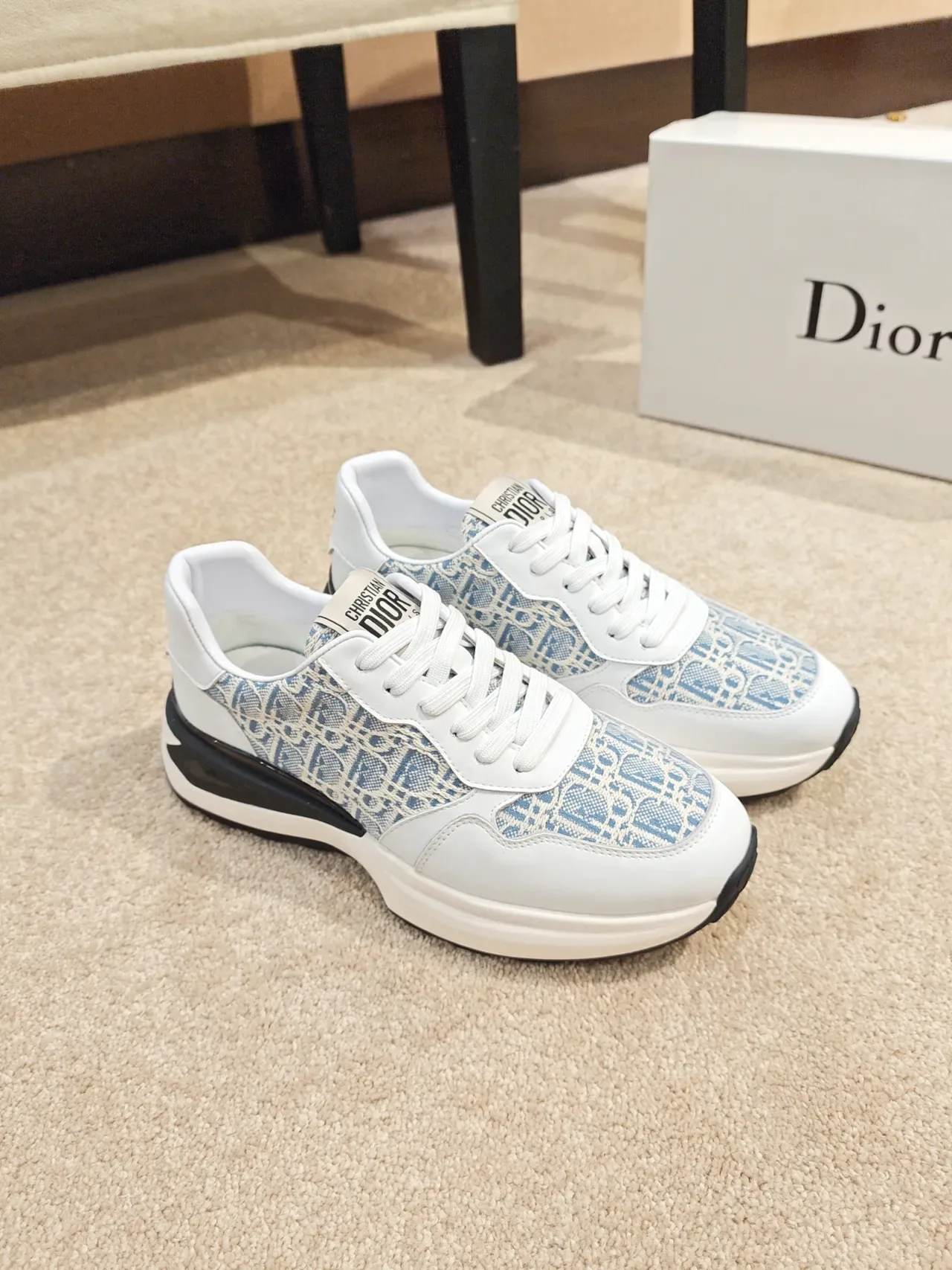 Dior White Blue Monogrammed Textile Leather Overlays Chunky Sneakers 4