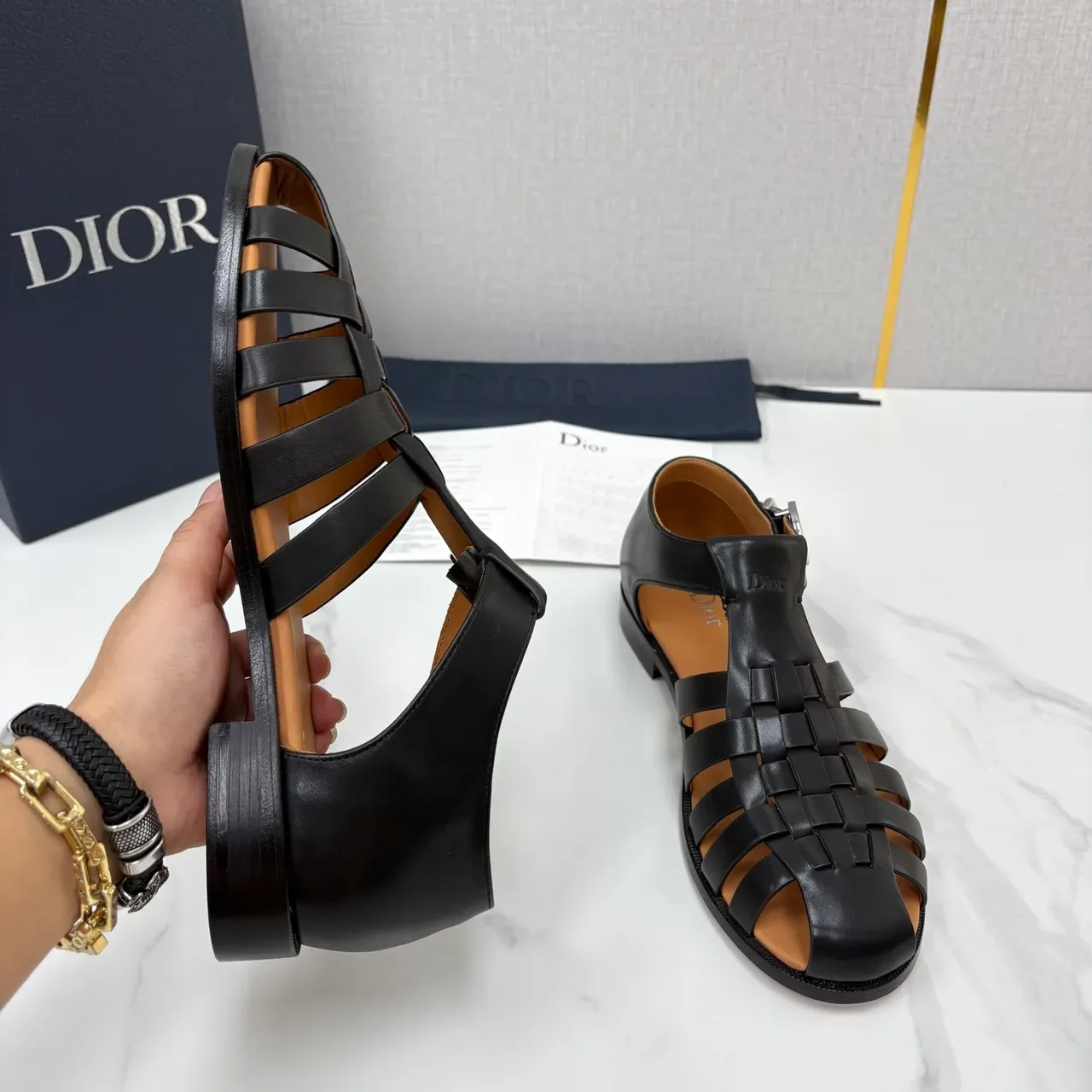 Dior Woven T-Strap Buckle Gladiator Sandals 4