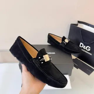 Dolce & Gabbana 黑色银色麂皮乐福鞋 金属徽章点缀