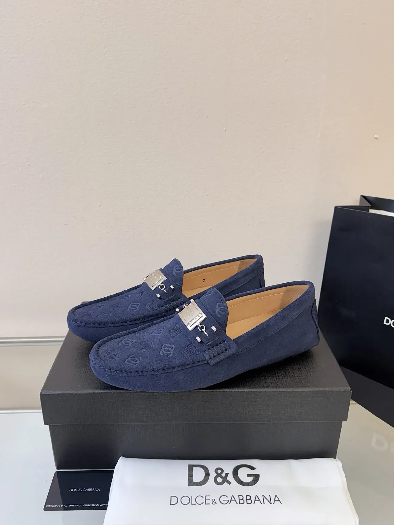 Dolce & Gabbana Portofino 海军蓝 金 麂皮 压花单色 乐福鞋 2