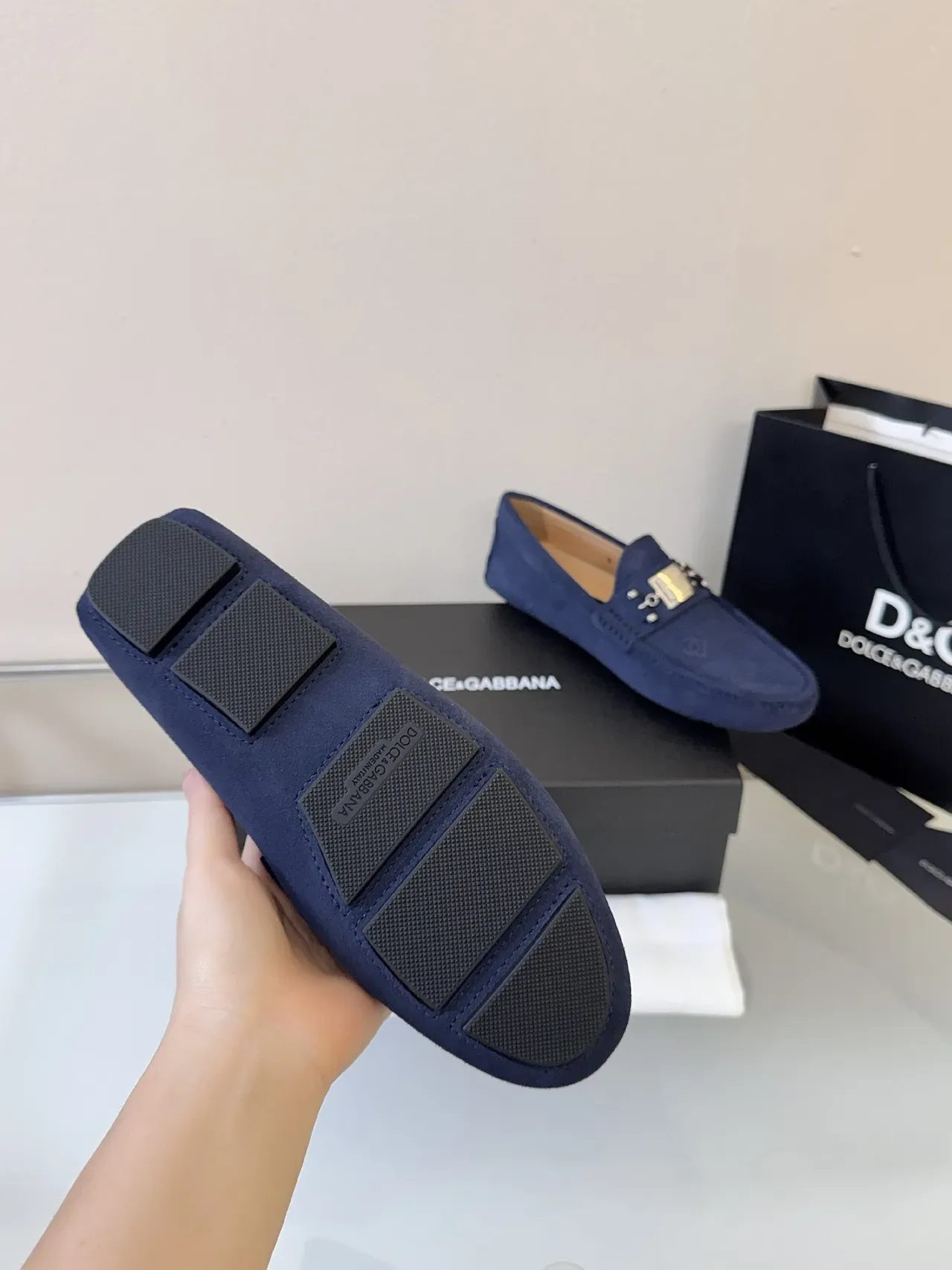 Dolce & Gabbana Portofino 海军蓝 金 麂皮 压花单色 乐福鞋 5