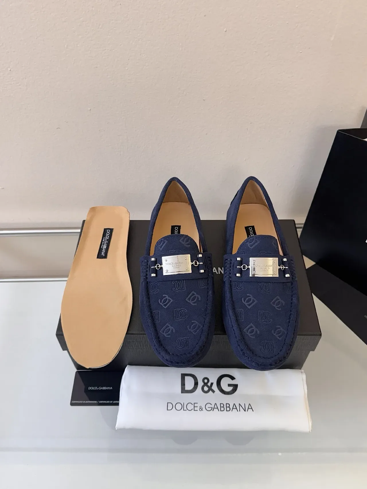 Dolce & Gabbana Portofino 海军蓝 金 麂皮 压花单色 乐福鞋 6