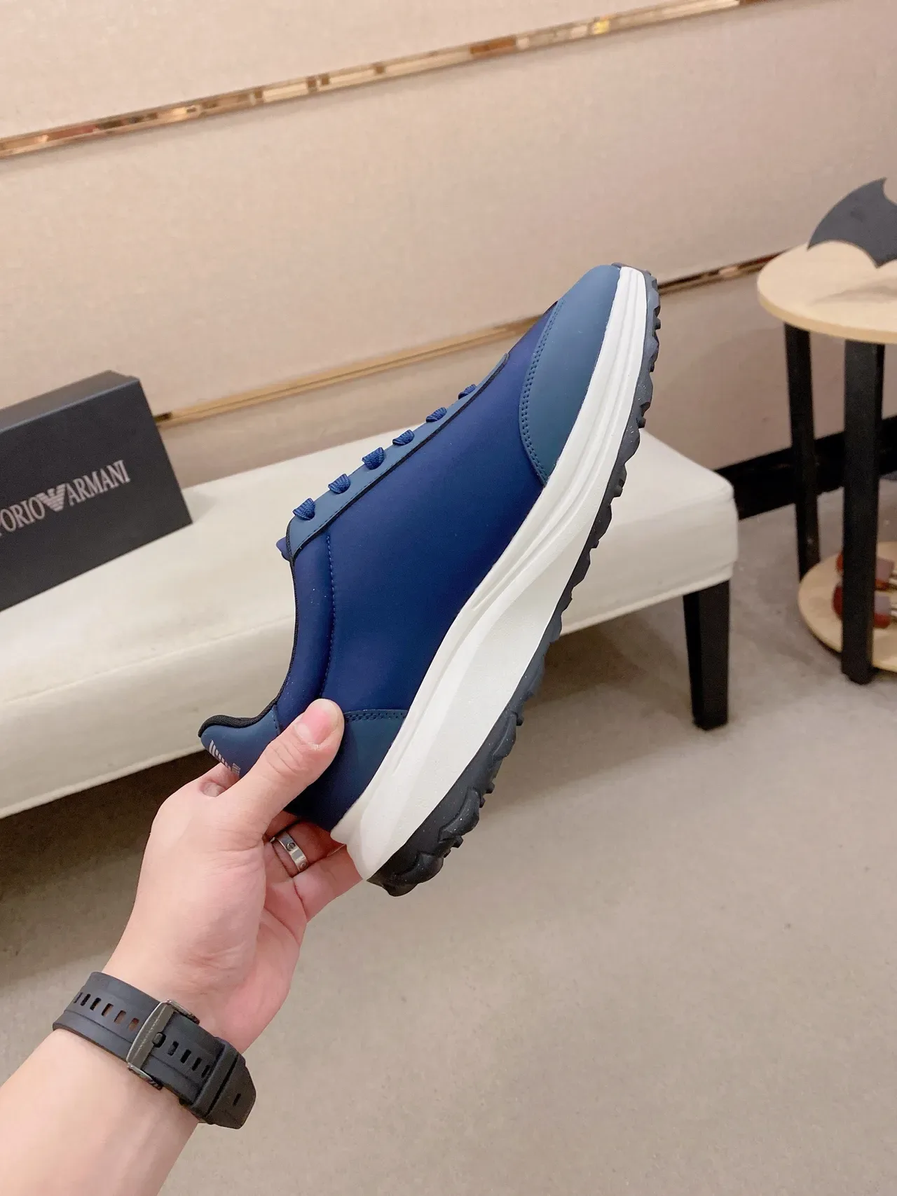Emporio Armani أزرق أبيض EA7 شعار علامة تجارية ثنائي اللون العلوي أسلوب الحياة أحذية رياضية 5