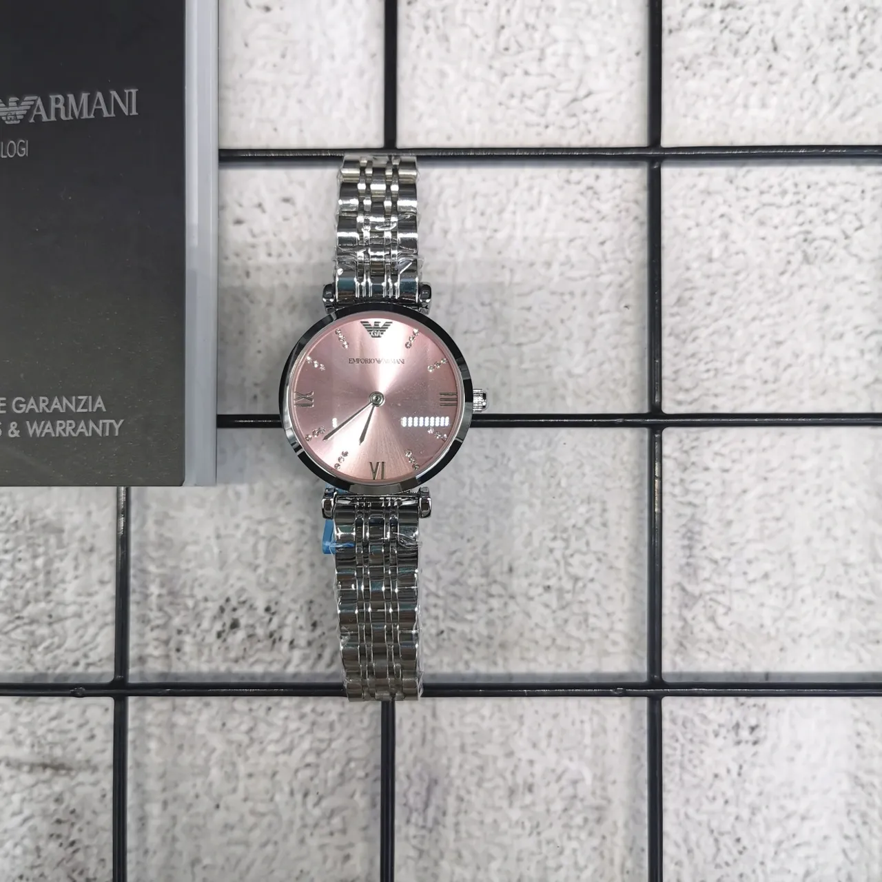 Emporio Armani Relógio de caixa redonda prata rosa dial sunburst quartzo 3