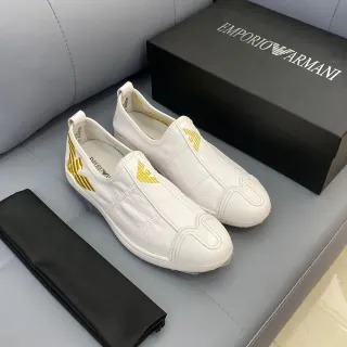 Emporio Armani 白色金色皮革一脚蹬鹰标乐福鞋