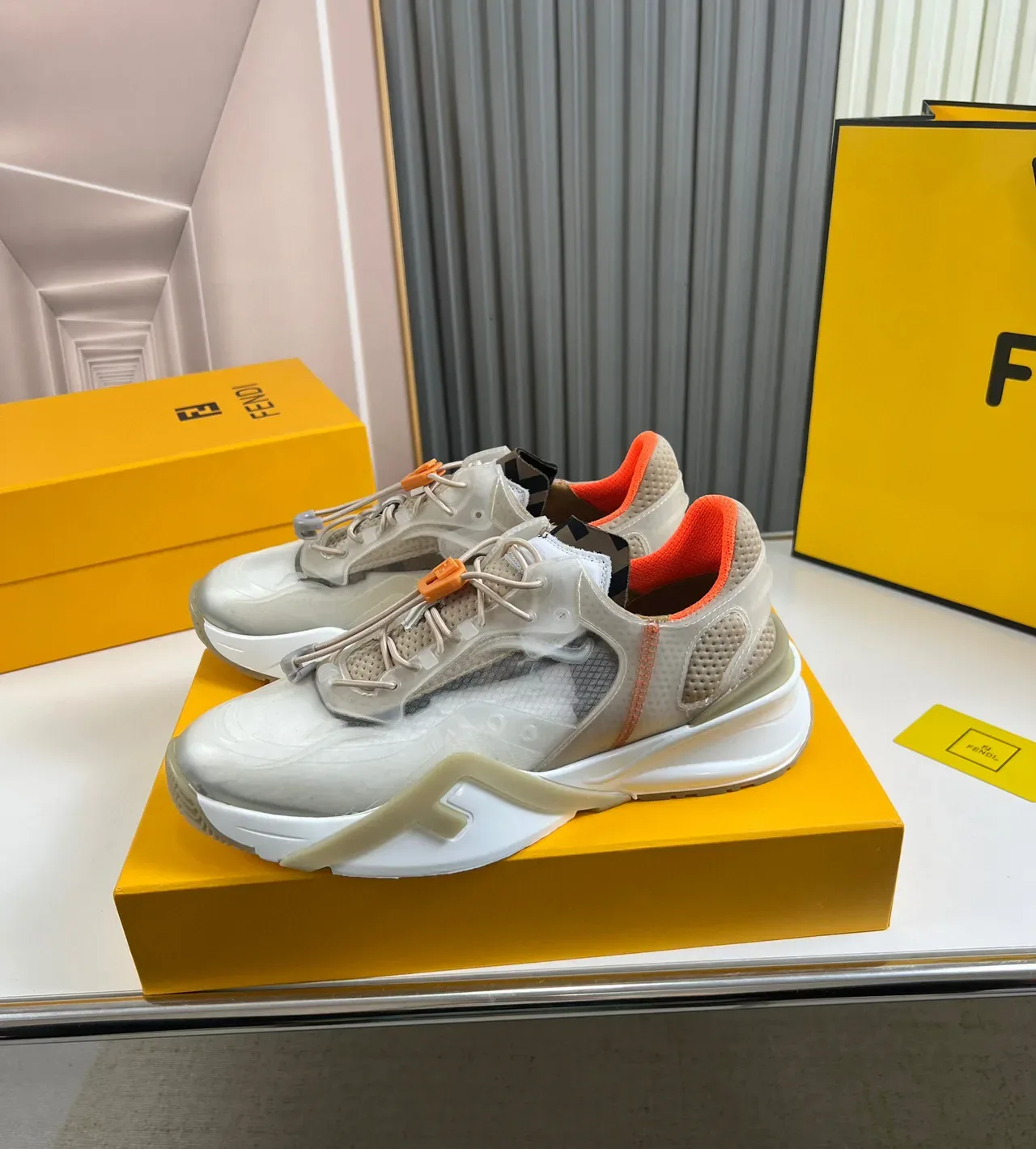 Fendi Beige Orange Translucent Overlay Mesh Upper Sneakers 7