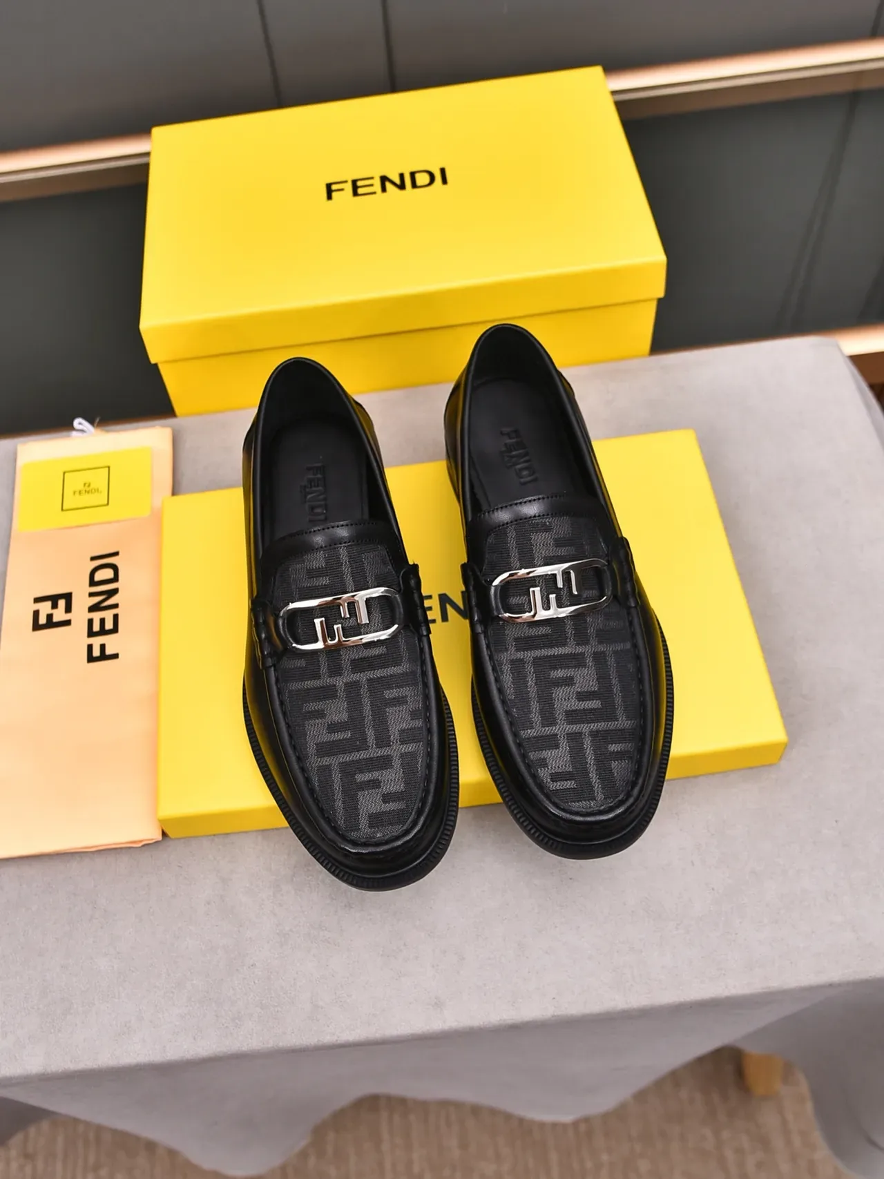 Fendi FF Loafer Black Silver Leather And Monogram Canvas Metal Horsebit Buckle Loafer 2