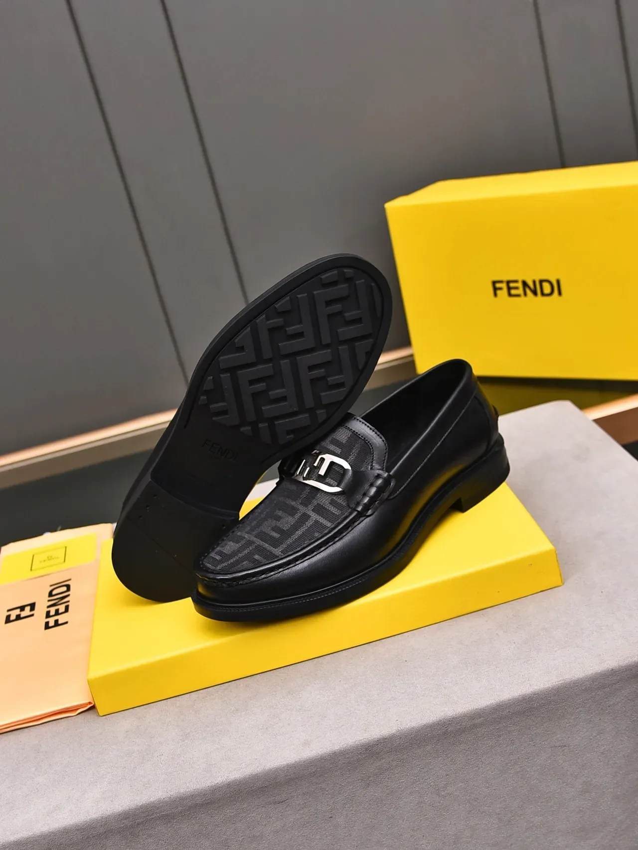 Fendi FF Loafer Black Silver Leather And Monogram Canvas Metal Horsebit Buckle Loafer 4