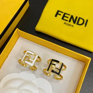 Fendi FF Logo 金色调 白色和黑色珐琅戒指