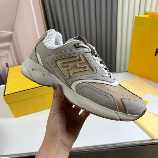 Fendi First Beige and Gray Embossed FF Logo Chunky Sneakers 4