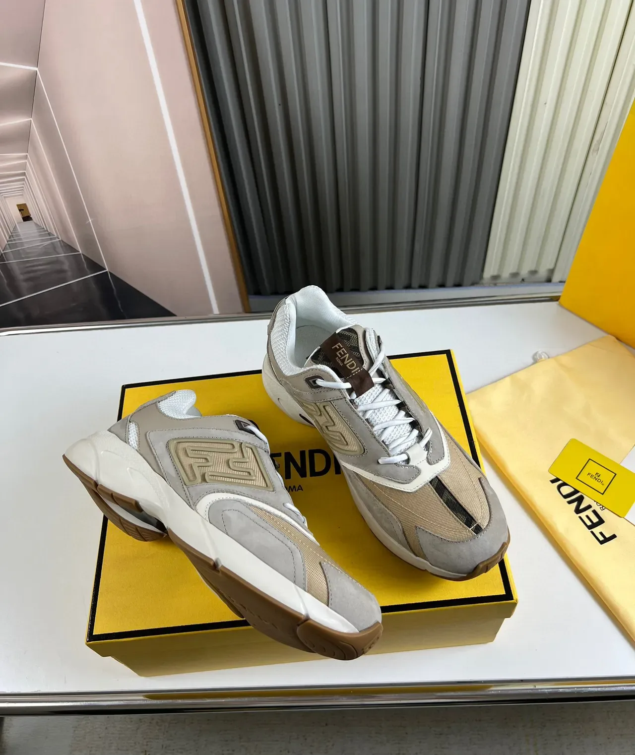 Fendi First Beige and Gray Embossed FF Logo Chunky Sneakers 5