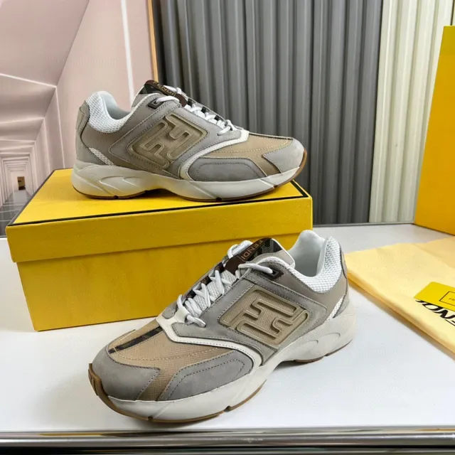 Fendi First Beige and Gray Embossed FF Logo Chunky Sneakers 6
