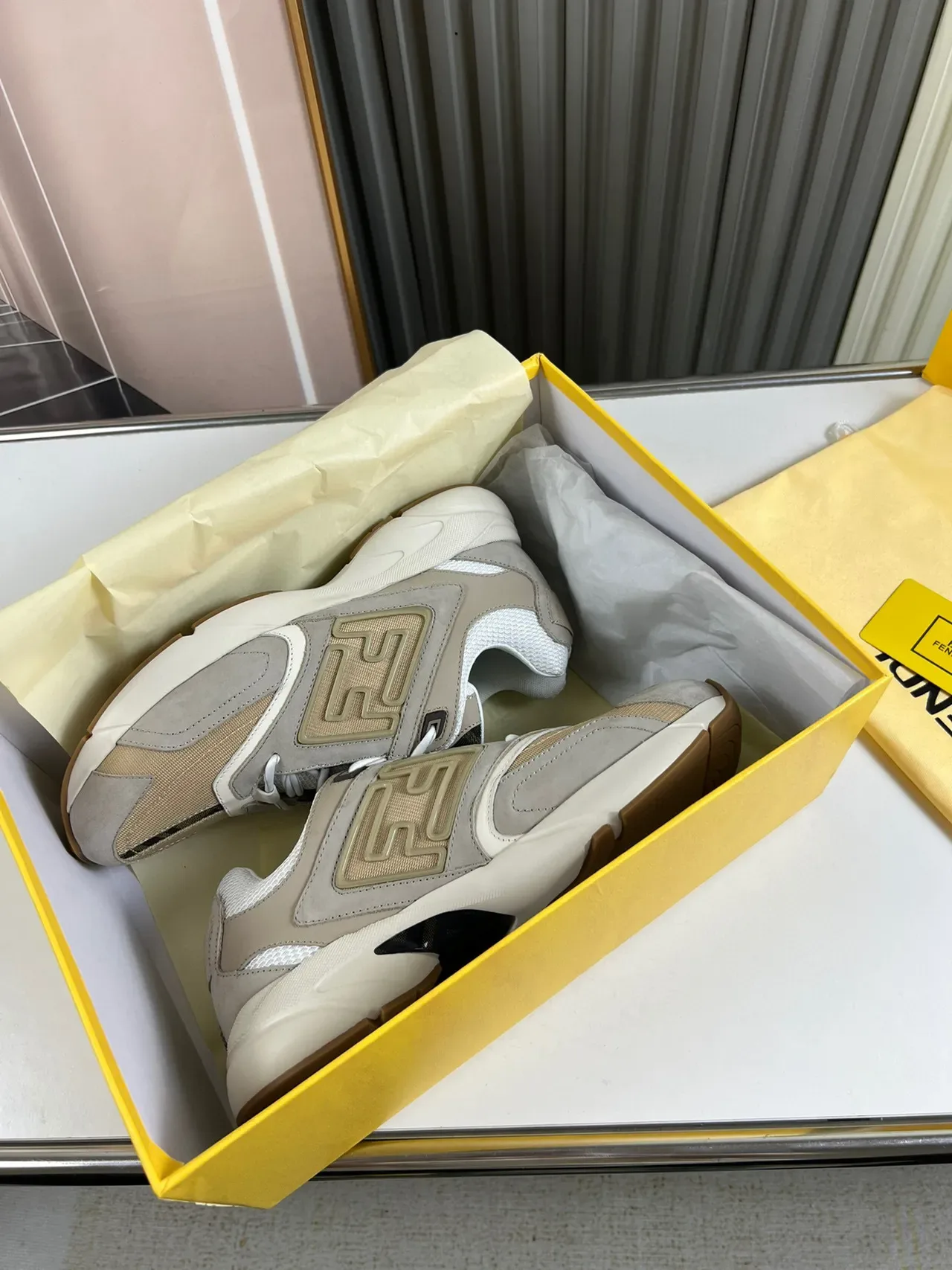 Fendi First Beige and Gray Embossed FF Logo Chunky Sneakers 7