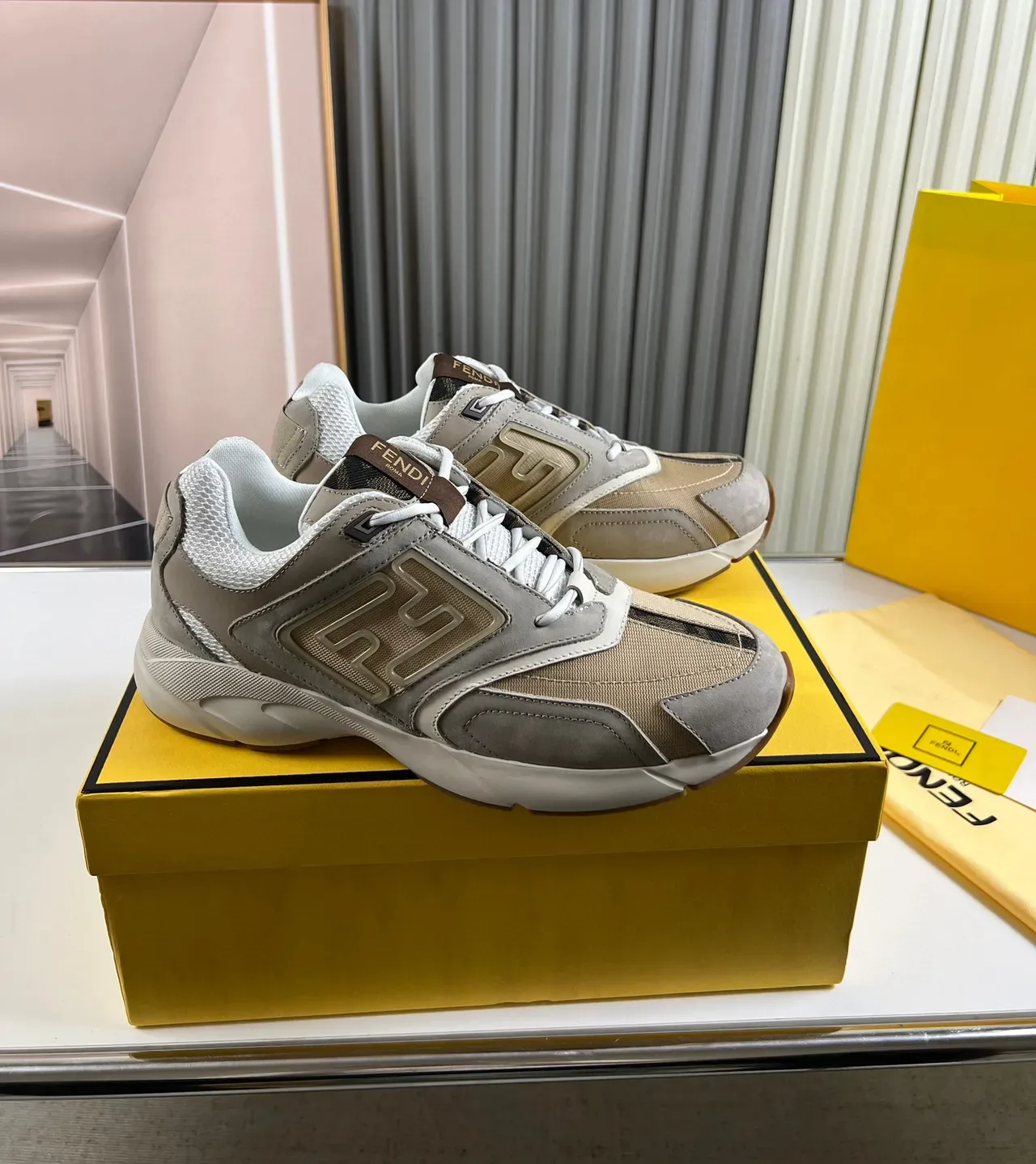 Fendi First Beige and Gray Embossed FF Logo Chunky Sneakers 8