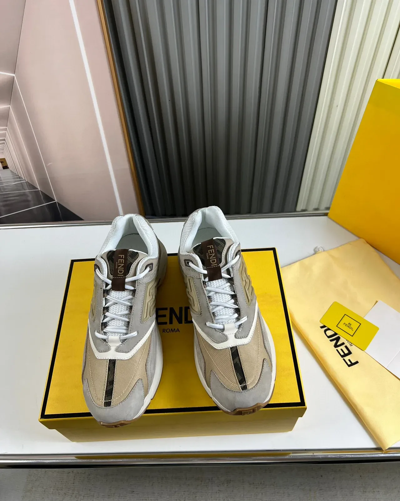 Fendi First Beige and Gray Embossed FF Logo Chunky Sneakers 9