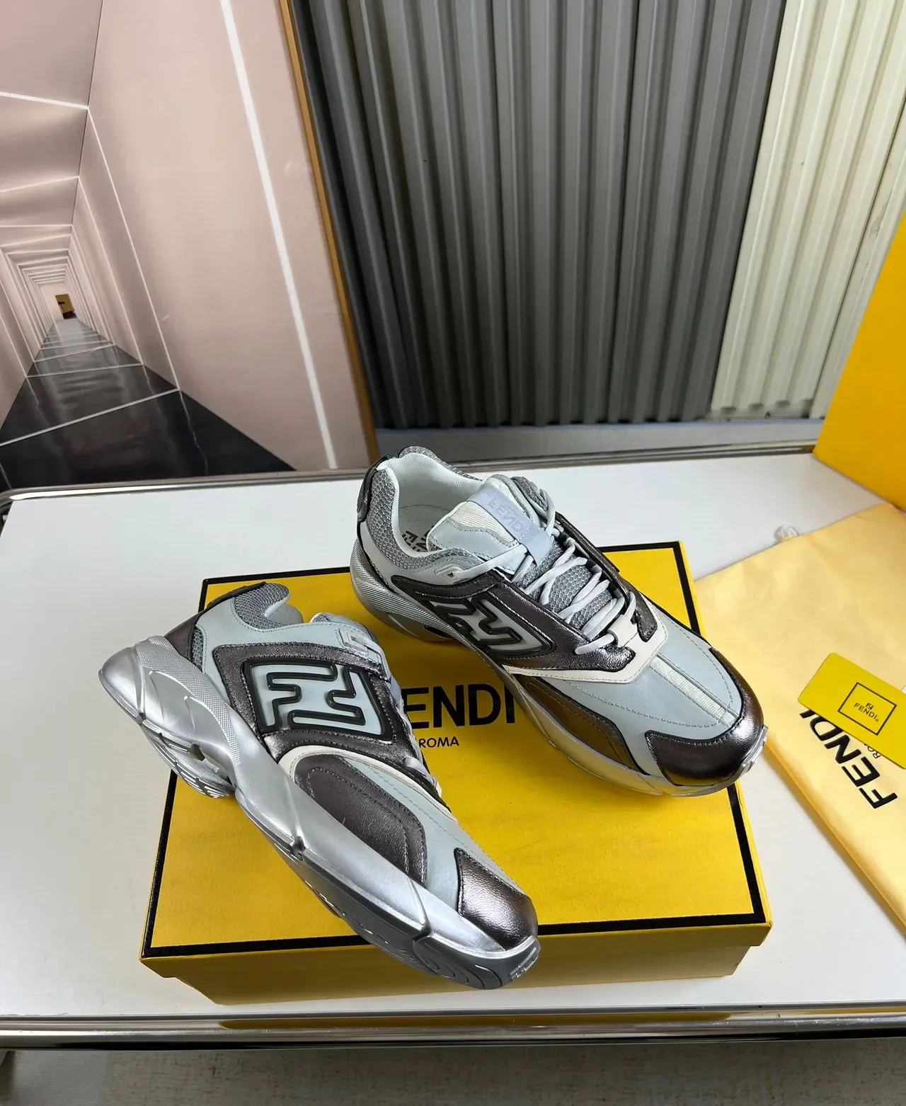 Fendi Gray Brown Sole Mixed-Material Upper Chunky Sneakers 5