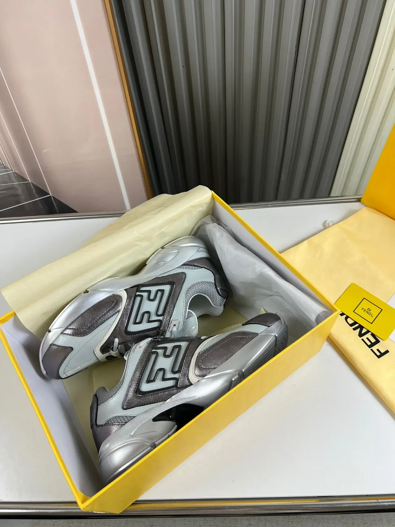Fendi Gray Brown Sole Mixed-Material Upper Chunky Sneakers 6