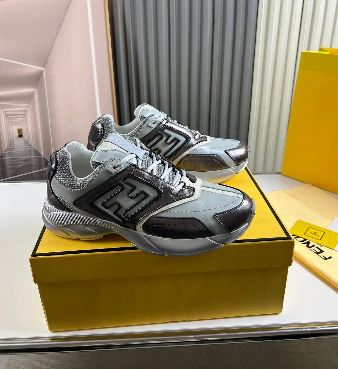 Fendi Gray Brown Sole Mixed-Material Upper Chunky Sneakers 8