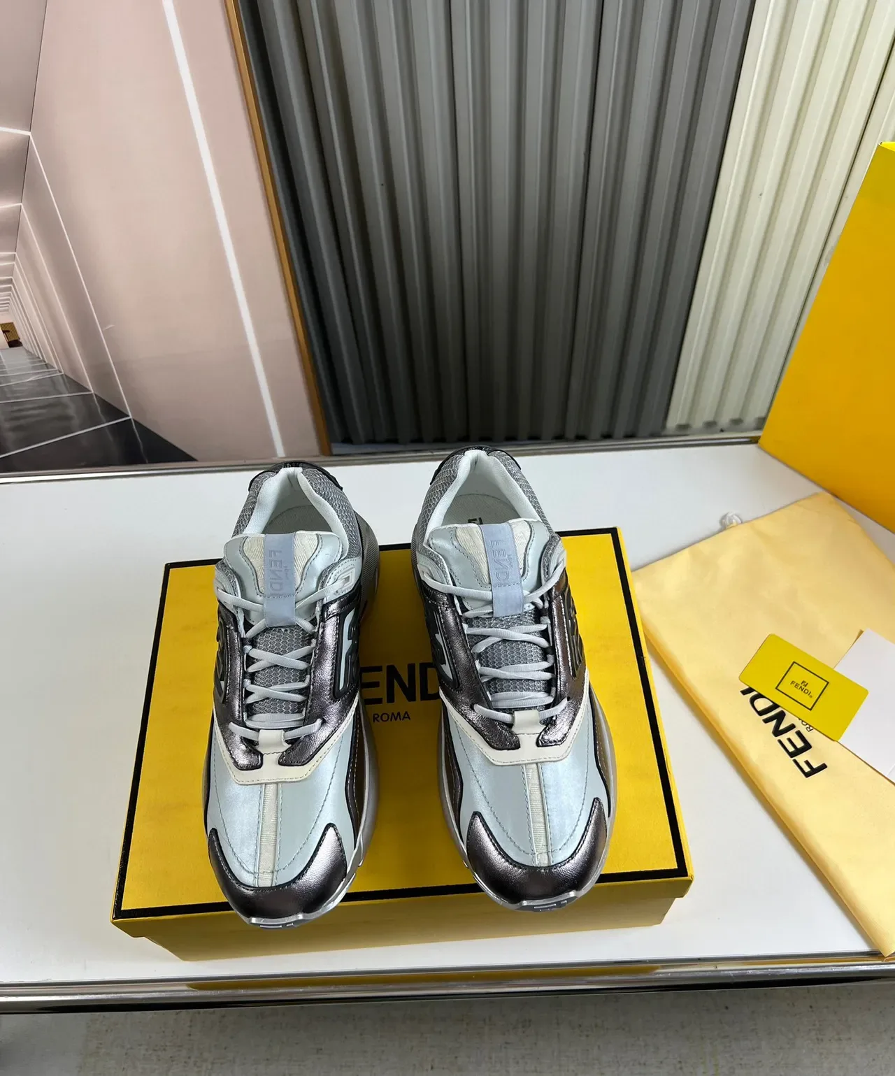 Fendi Gray Brown Sole Mixed-Material Upper Chunky Sneakers 9