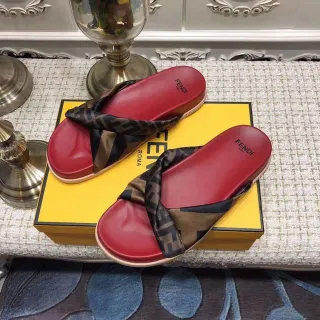 Fendi rouge marron soie FF-Logo bride semelle moulée chaussons