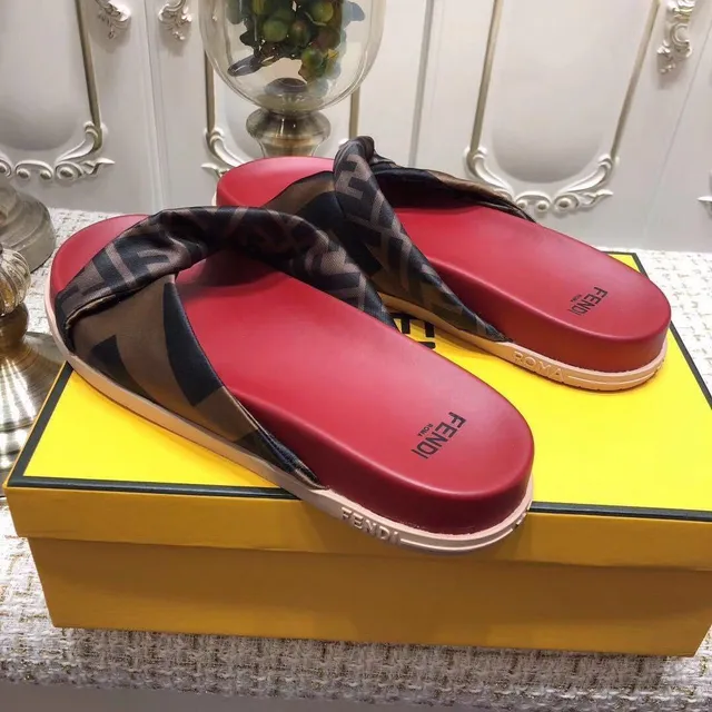 Fendi 红棕色丝绸 FF-Logo 带模制鞋垫拖鞋 5
