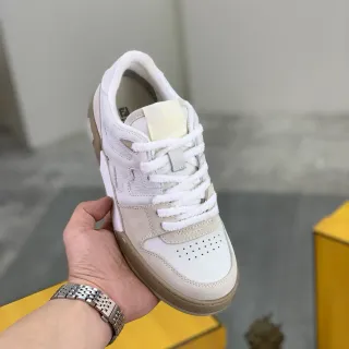 Fendi White Beige Layered Leather-Suede Construction Perforated Toe Sneakers