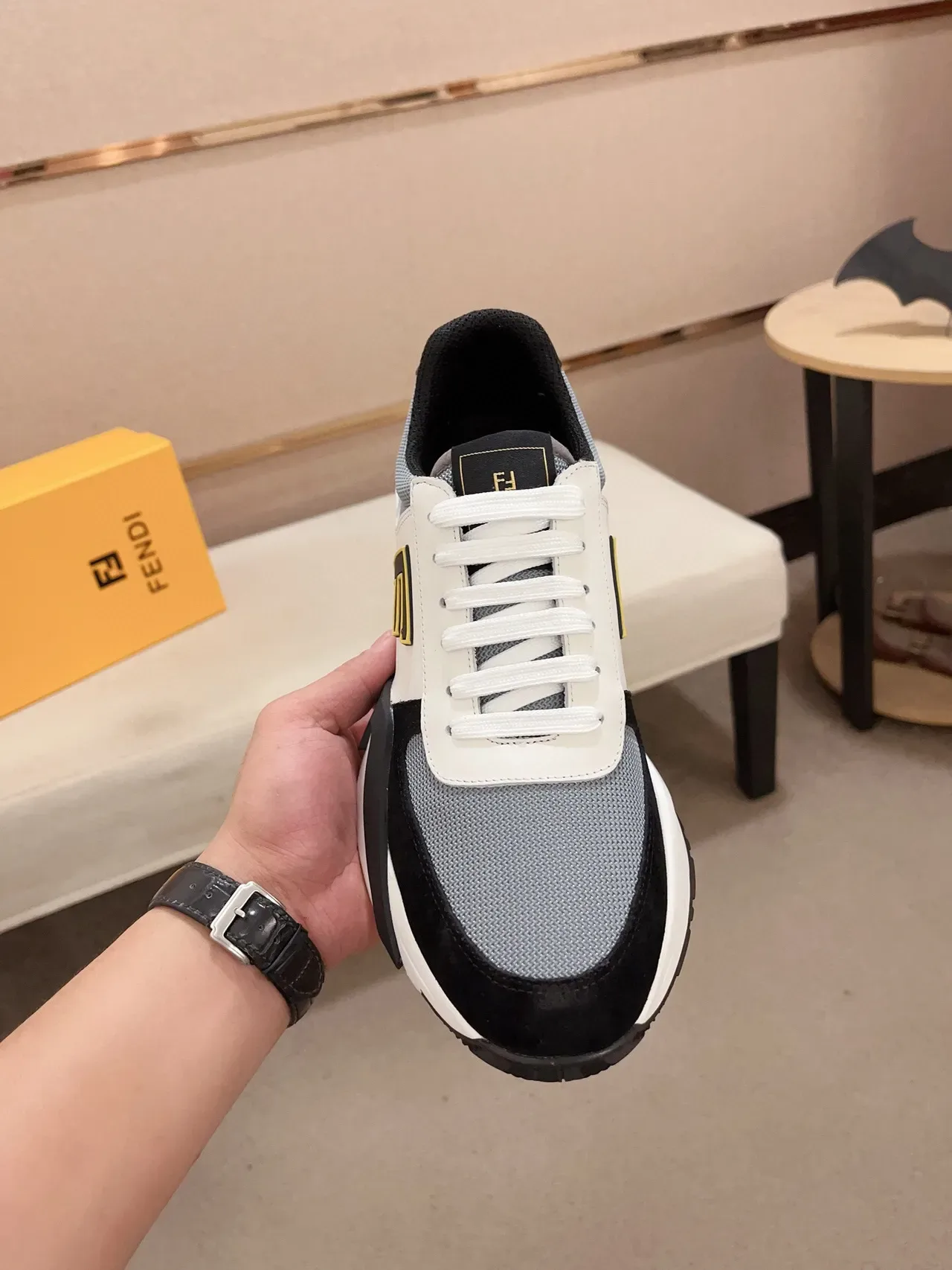 Fendi White Black Chunky Sole Mixed-Material Upper Lifestyle Sneakers 5