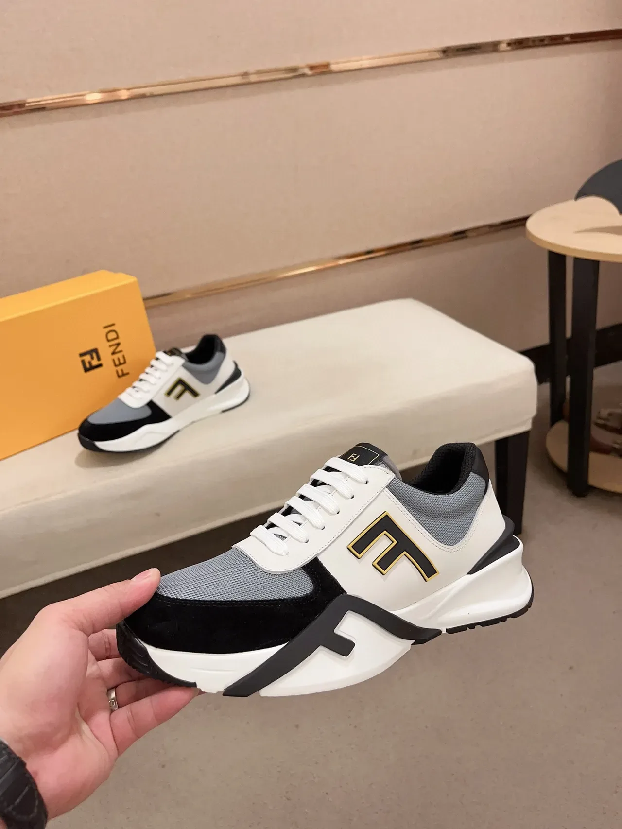 Fendi White Black Chunky Sole Mixed-Material Upper Lifestyle Sneakers 6