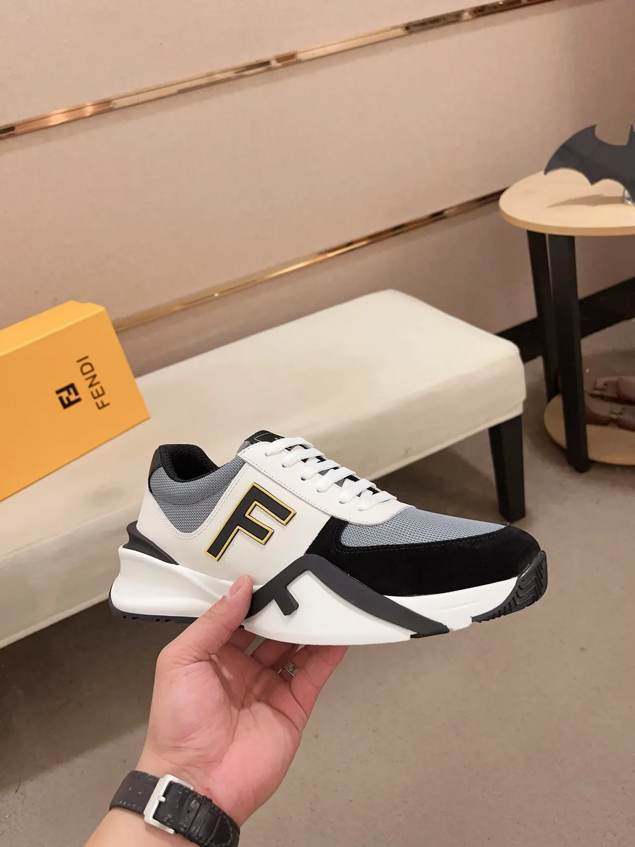 Fendi White Black Chunky Sole Mixed-Material Upper Lifestyle Sneakers 7