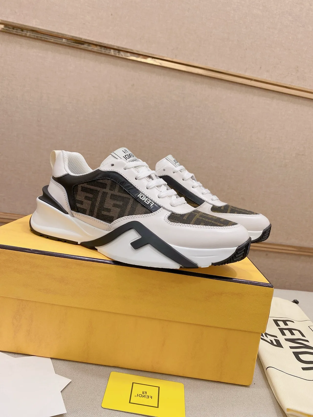 Fendi White Black Monogrammed Canvas And Leather Upper Sculpted Sole Chunky Sneakers 5