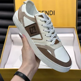 Fendi White Brown Mixed-Material Upper Perforated Mesh Panels Lifestyle Sneakers