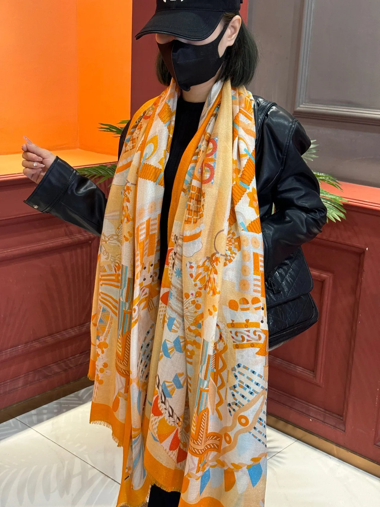 Abstract Geometric Print Orange Fringed Silk Scarf 3
