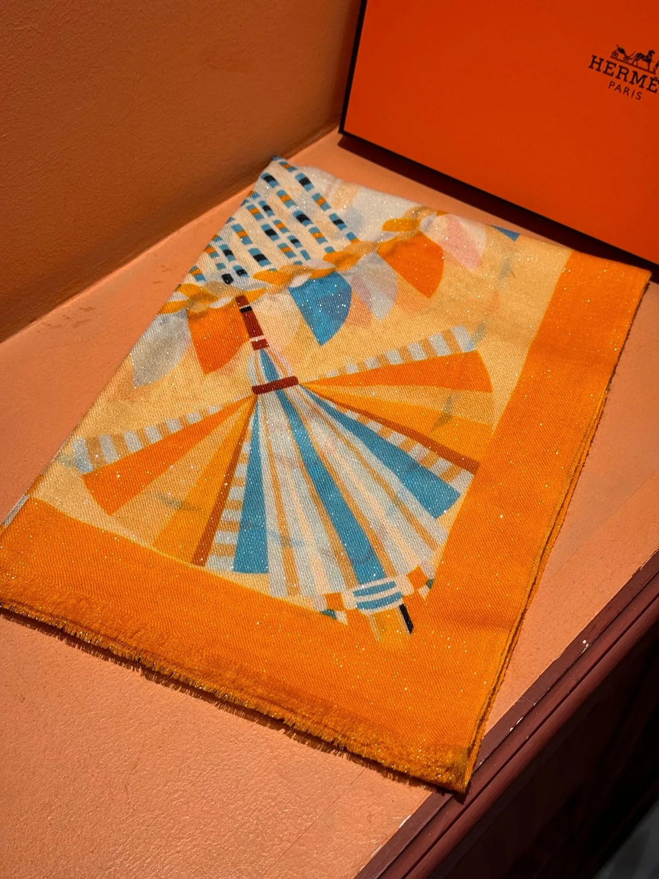 Abstract Geometric Print Orange Fringed Silk Scarf 6
