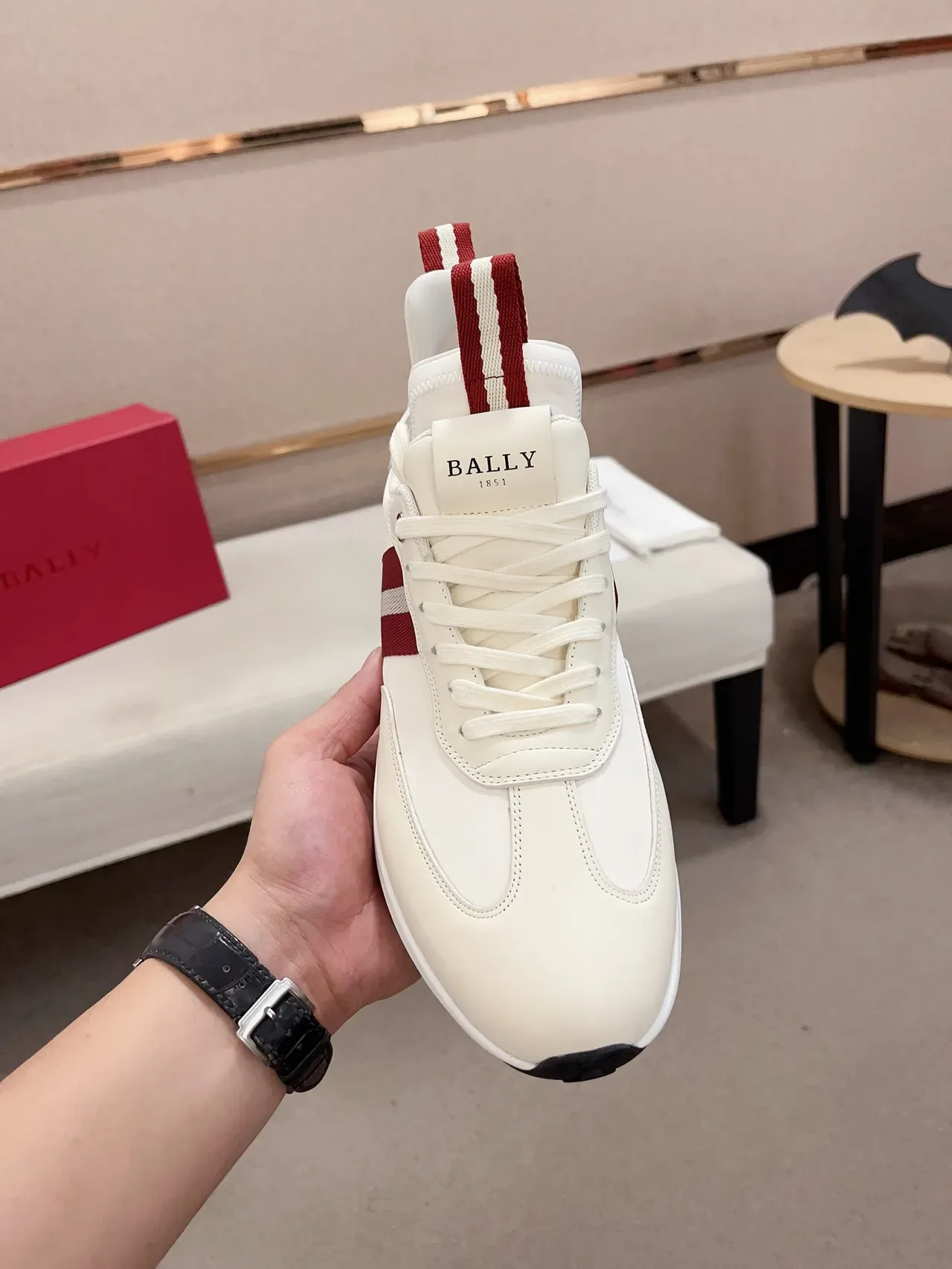 Bally White Red Leather Upper Dual-Tone Side Stripe Sneakers 6