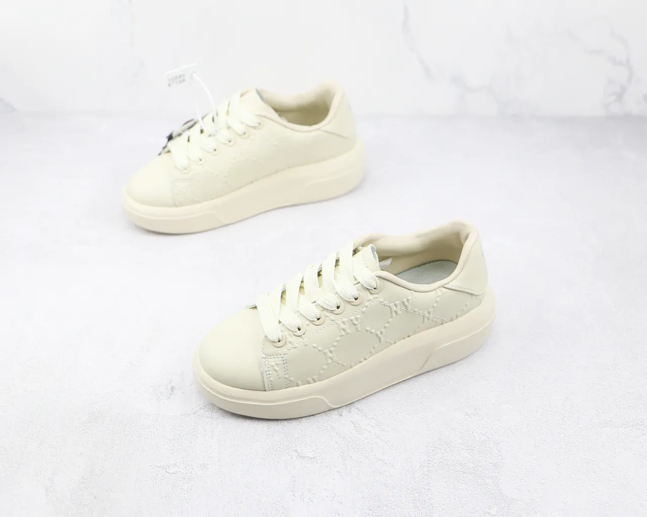Beige Embossed Monogram Pattern Platform Sole Sneakers 4