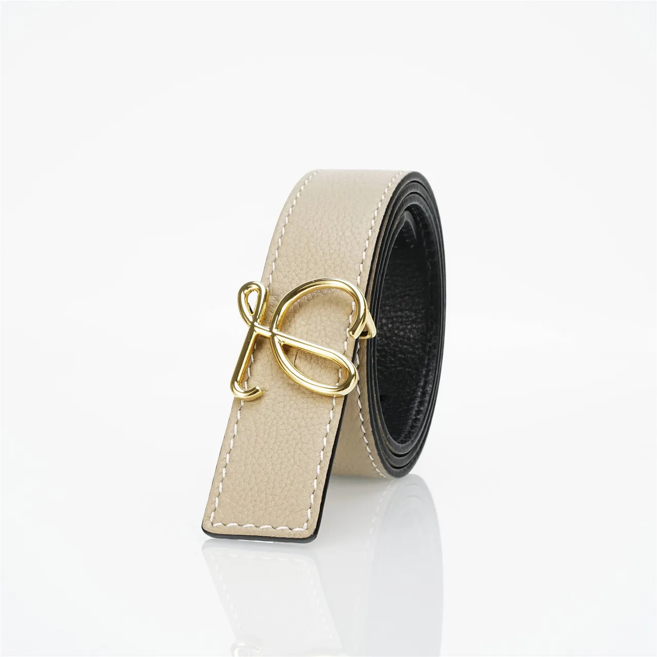 Beige Gold Pebbled White Contrast Stitching Leather Belt 6
