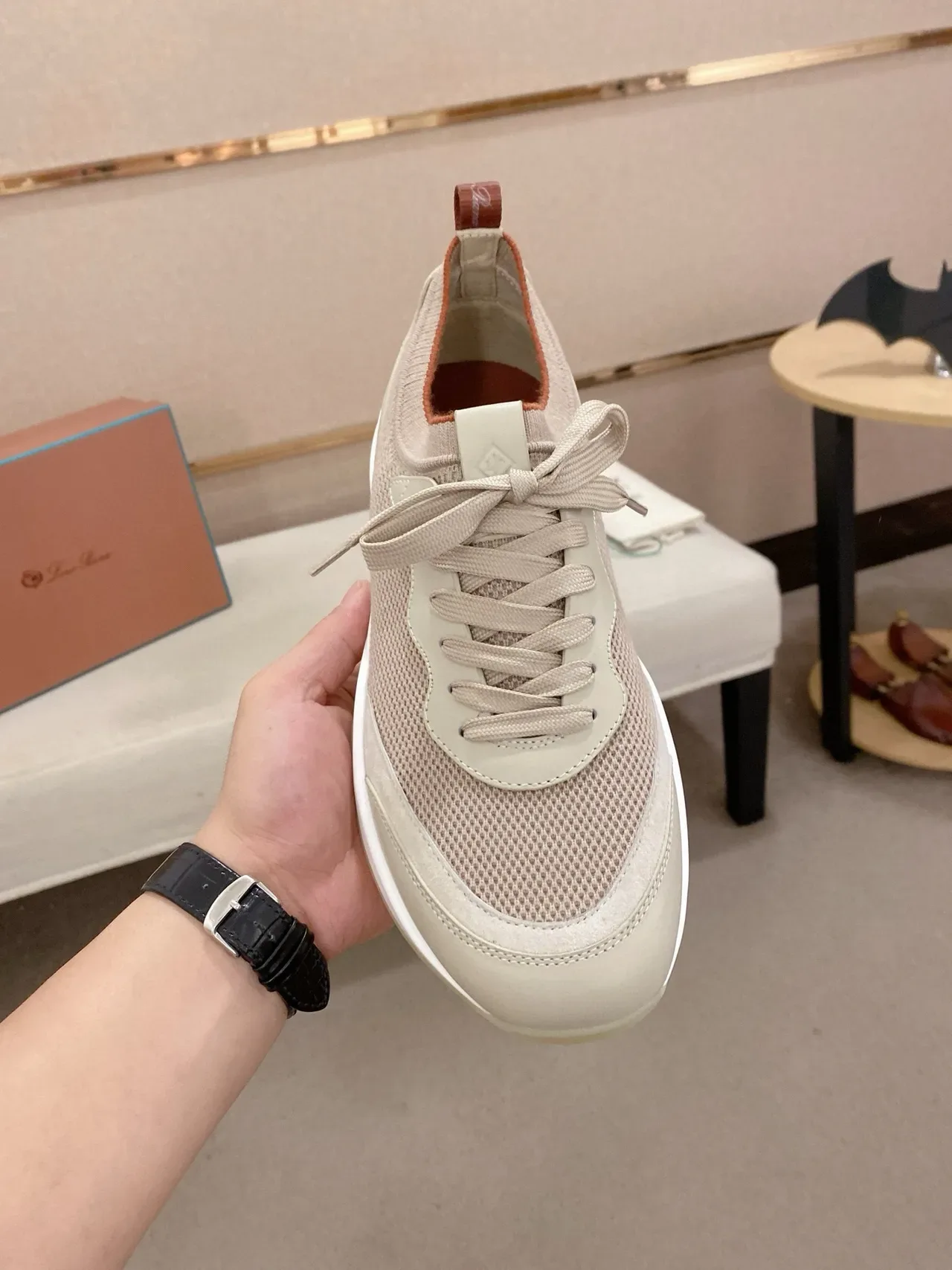 Beige Mesh and Suede-Panel Lifestyle Sneaker 2