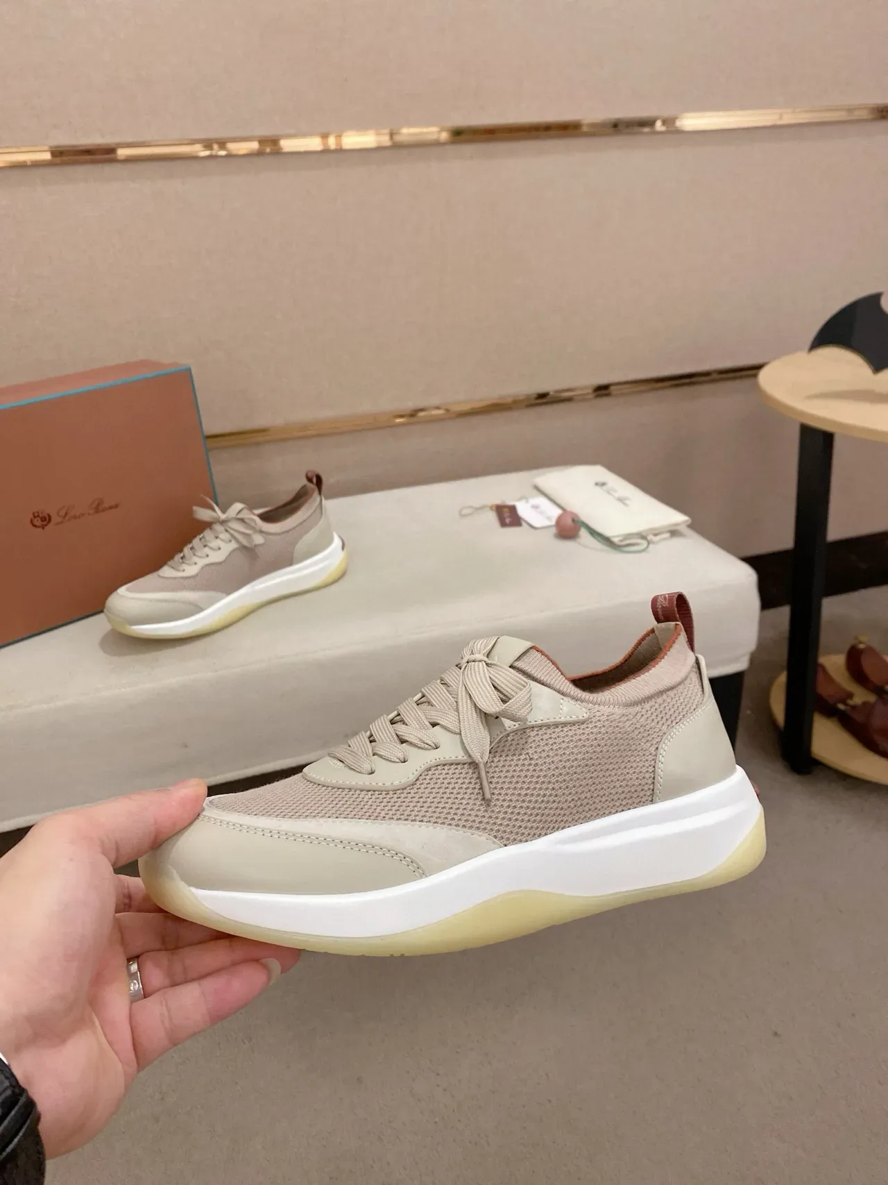 Beige Mesh and Suede-Panel Lifestyle Sneaker 3
