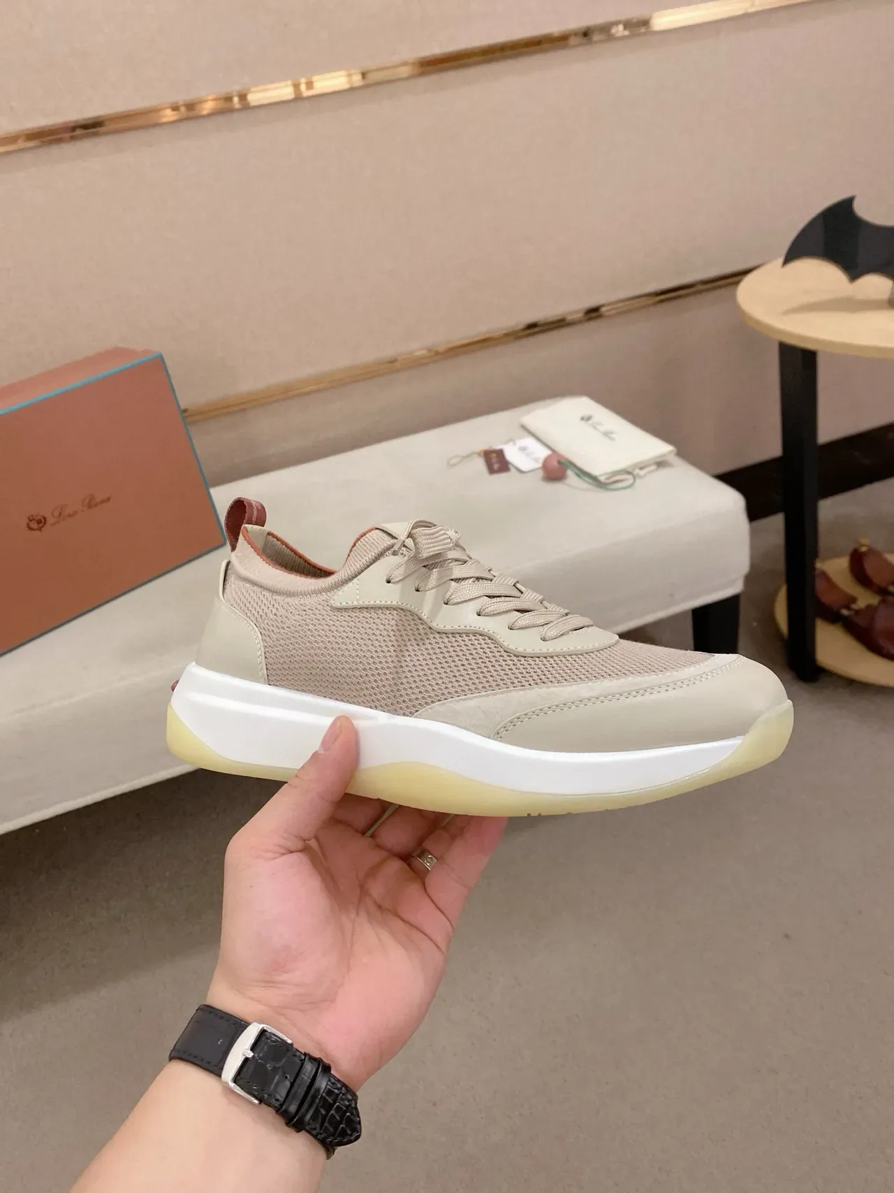 Beige Mesh and Suede-Panel Lifestyle Sneaker 4