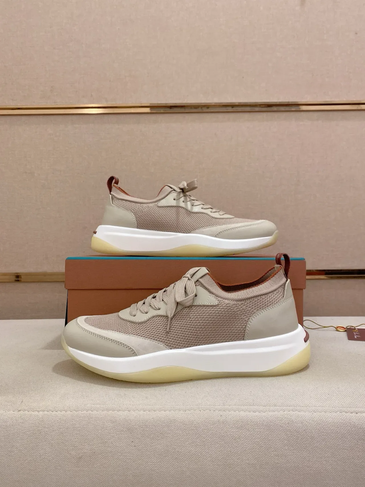 Beige Mesh and Suede-Panel Lifestyle Sneaker 7