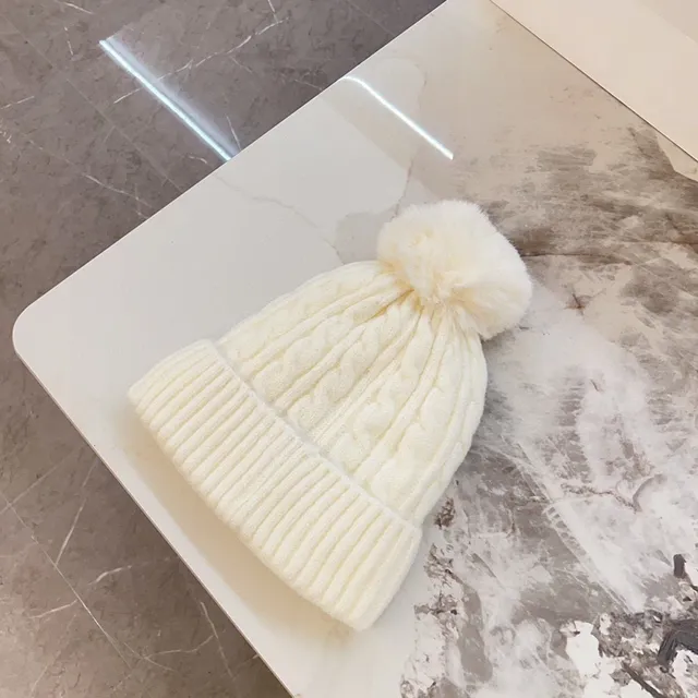 Beige Multicolor Cable-Knit Body Fluffy Pom-Pom Beanie 4