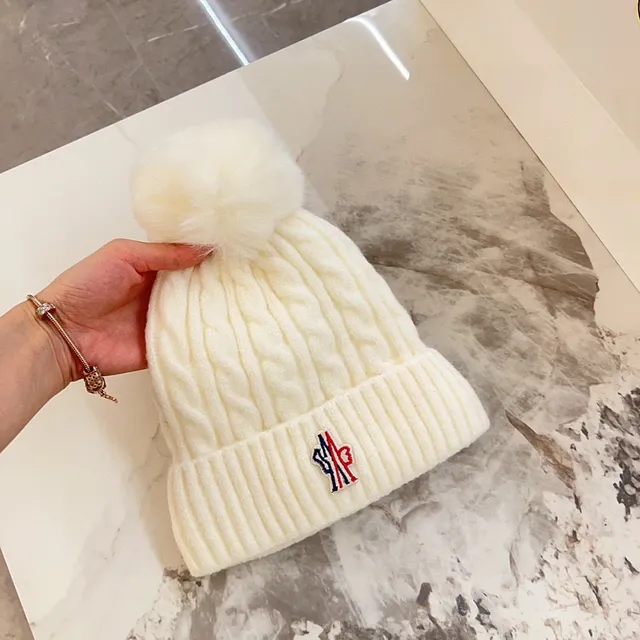 Beige Multicolor Cable-Knit Body Fluffy Pom-Pom Beanie 6