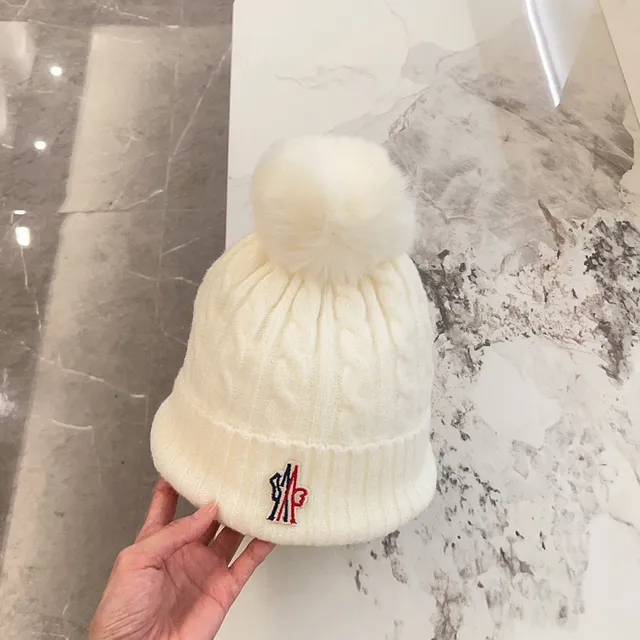 Beige Multicolor Cable-Knit Body Fluffy Pom-Pom Beanie 9