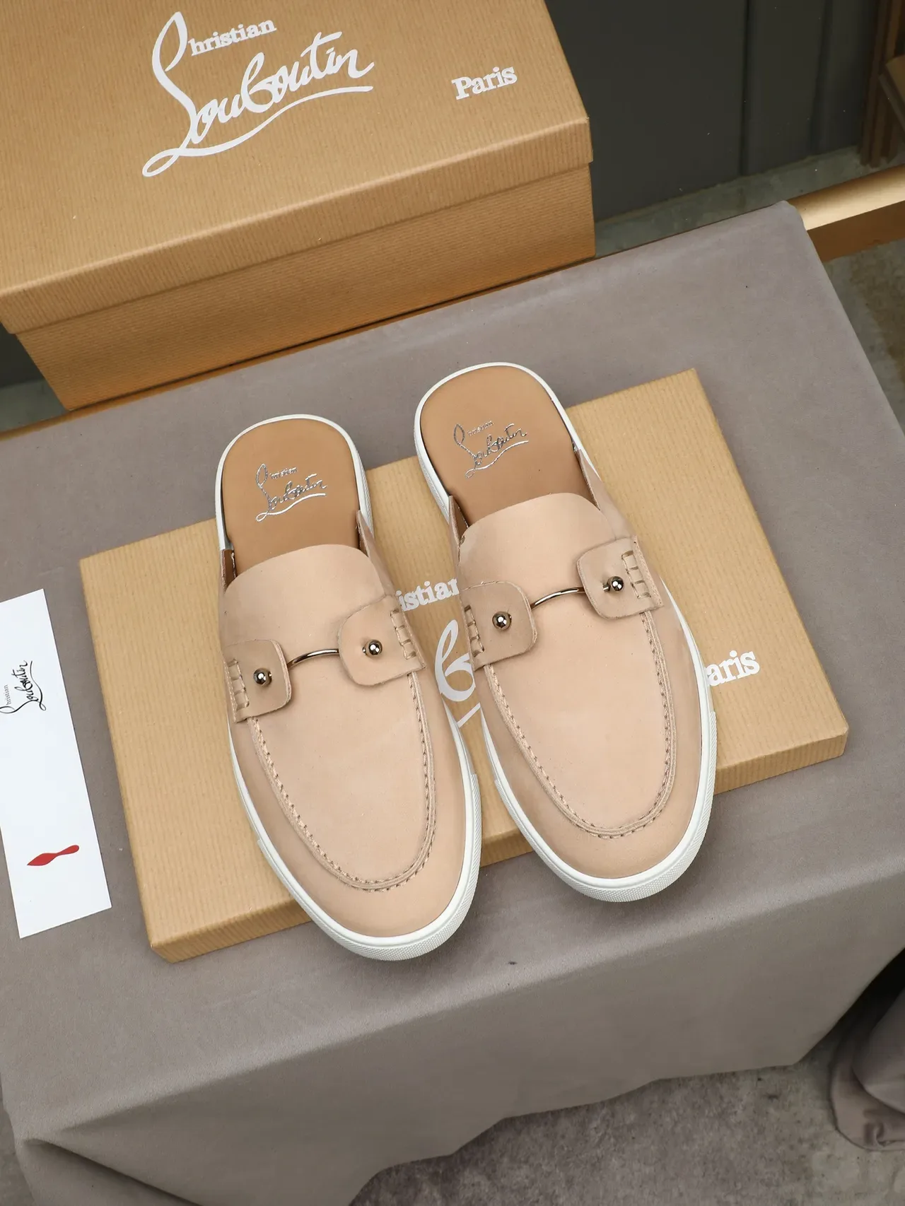 Beige White Backless Mule Suede Upper Loafer 3