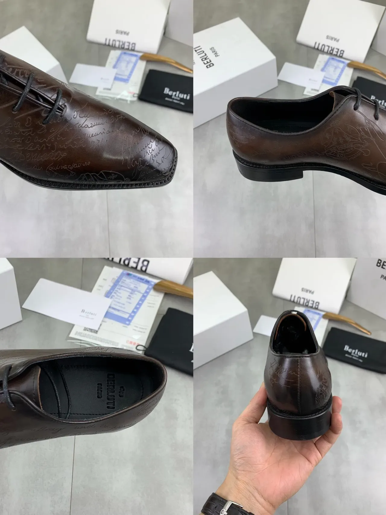 Berluti Marron Noir Gravé à la main Motif de Script Cuir Poli Chaussures Oxford 3