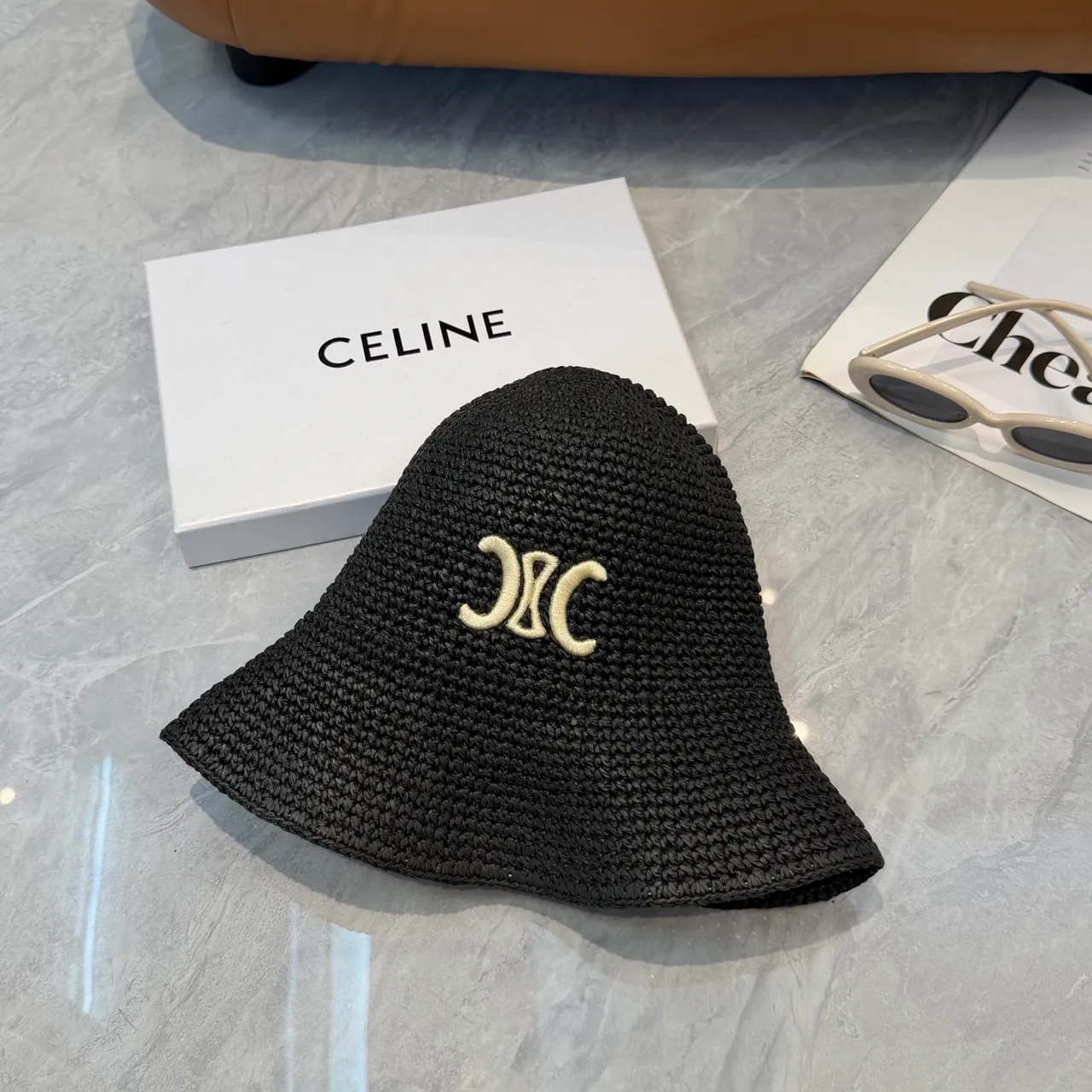 Black Beige Woven Straw-Like Texture Embroidered Monogram Bucket Hat 3