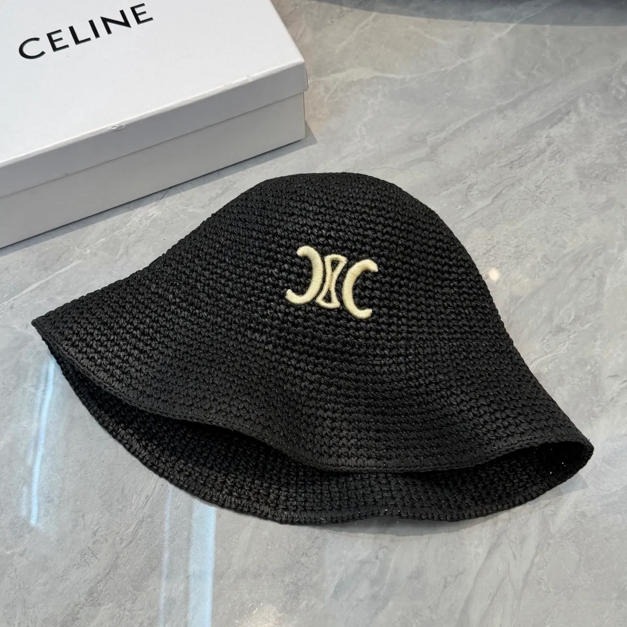 Black Beige Woven Straw-Like Texture Embroidered Monogram Bucket Hat 4