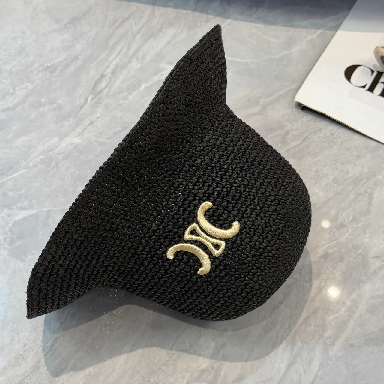 Black Beige Woven Straw-Like Texture Embroidered Monogram Bucket Hat 5